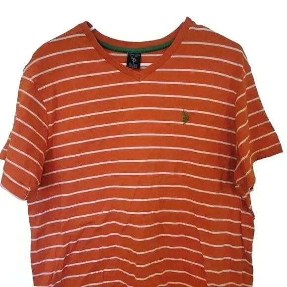 US Polo Association Men's Orange & White Striped Cotton Knit V-Neck Short Sleeve - Picture 3 of 8